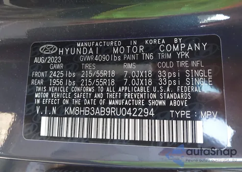 2024 Hyundai Kona Sel z USA, uszkodzony, nr VIN KM8HB3AB9RU042294